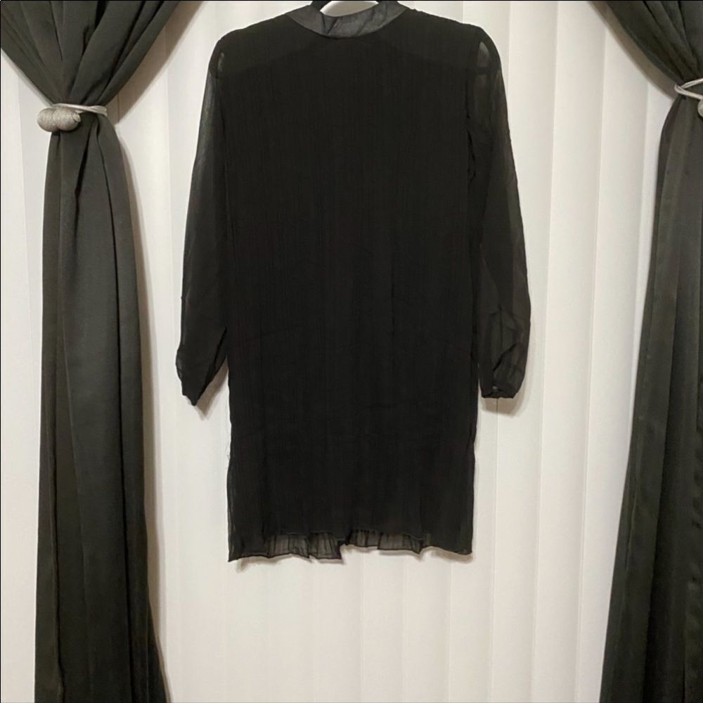 Black sheer sleeves, pleated blouse, zippered back